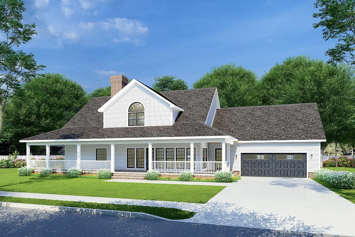 House plan exterior of a two-story Modern Farmhouse with a wraparound porch, dormer, and attached two-car garage.