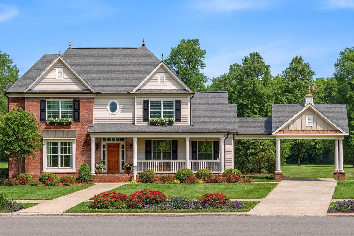 House plan exterior: two-story home with brick and siding, covered porch, dormer windows, and detached carport.