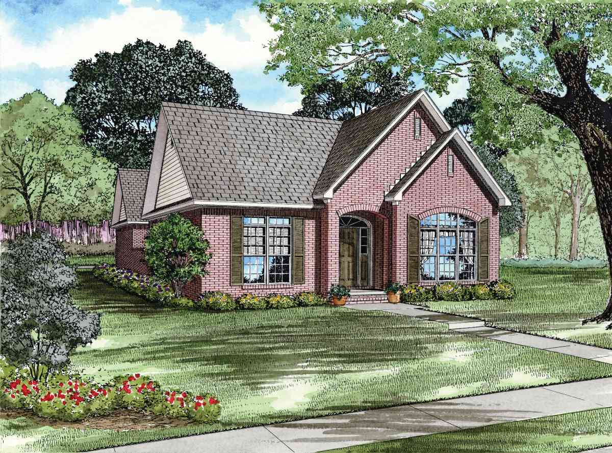House plan exterior: one-story brick home with gabled dormers, arched entry, and large arched window.
