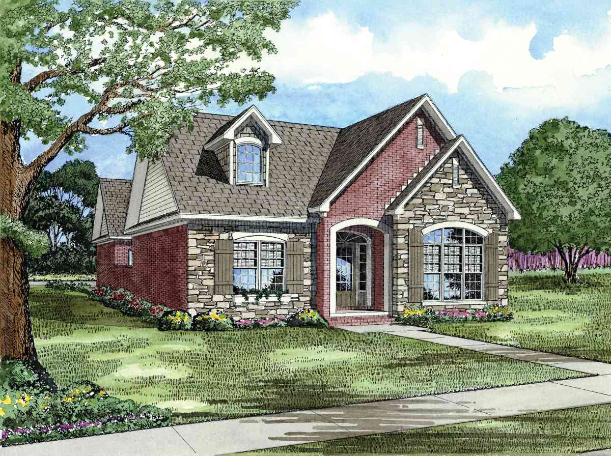 House plan exterior showing a one-and-a-half-story home with brick and stone facade, arched entry, and dormer.