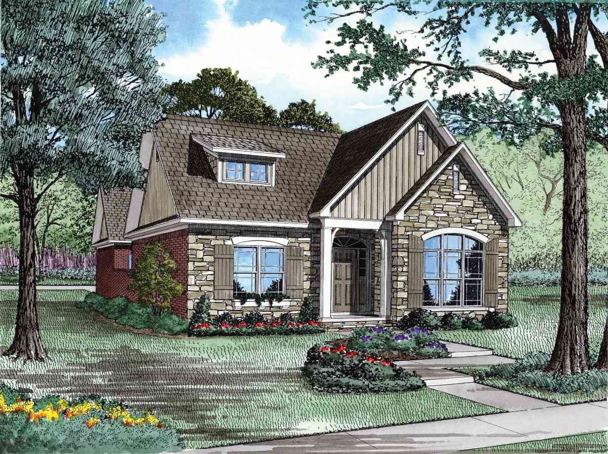 Craftsman house plan exterior with stone facade, gable dormer, arched windows, and covered porch.