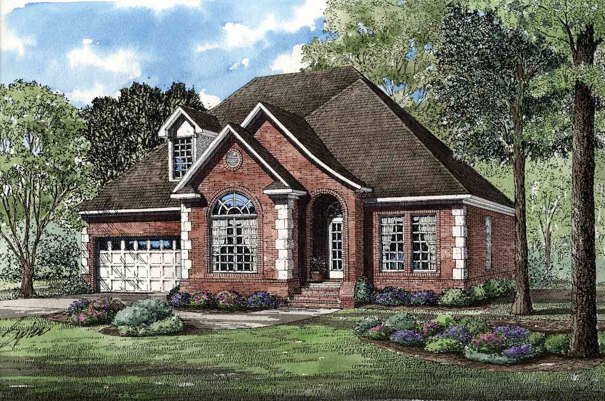 House plan exterior: Brick home with arched entryway, large arched window, dormer, and attached garage. Two stories.