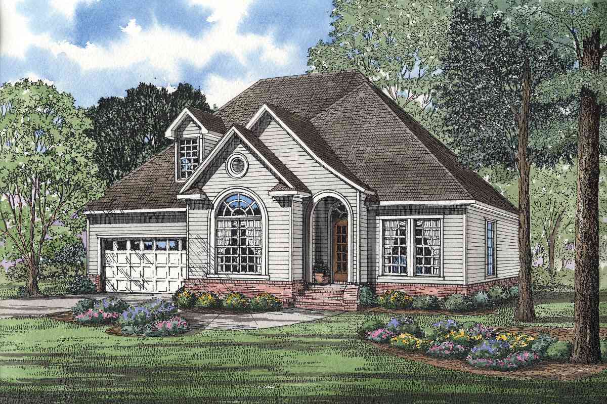 House plan exterior featuring a gabled dormer, arched window, and attached garage with a steep-pitched roof.