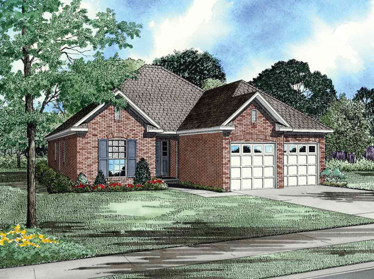 House plan exterior: Brick one-story home with a prominent roofline, front door, and a two-car side-entry garage.