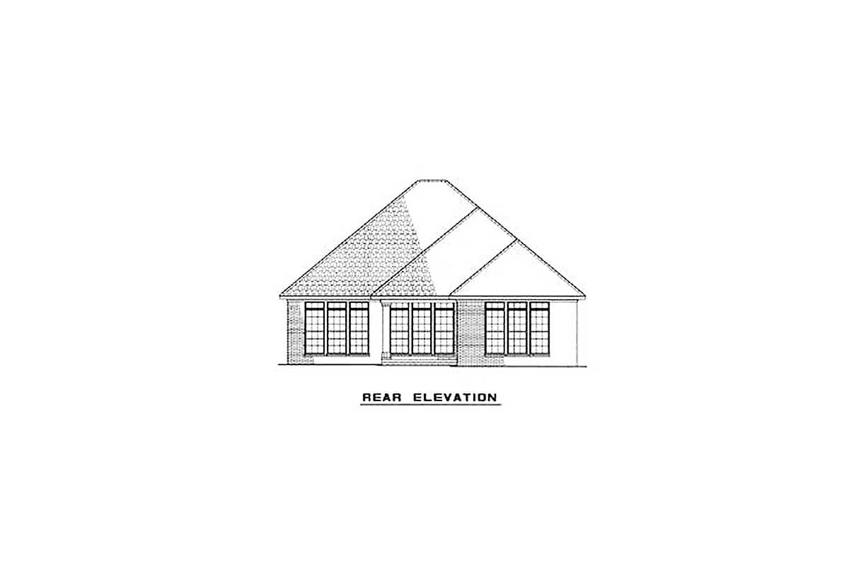 Rear elevation drawing of a one-story house with a hipped roof and multiple grid windows across the back.