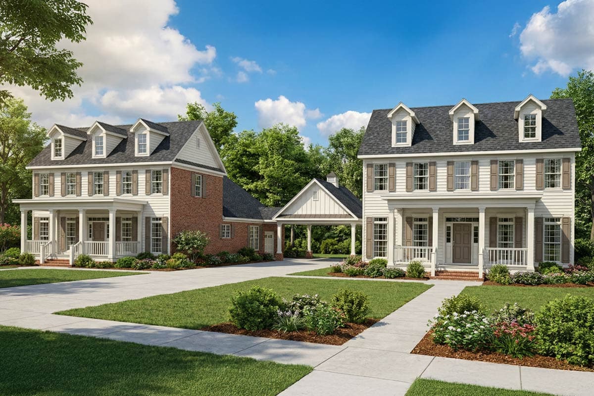 Two-story colonial houses with white siding, dormers, and front porches are connected by a covered walkway under a bright blue sky.