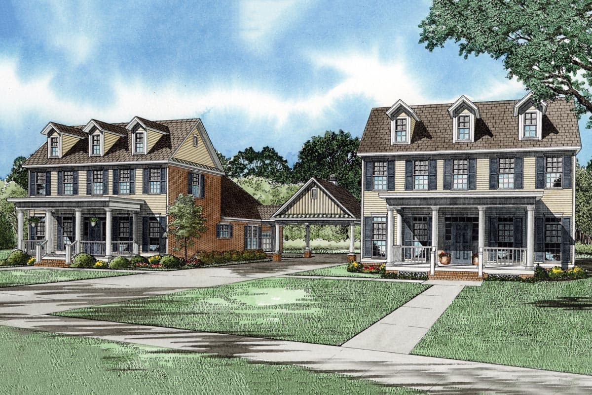 House plan exterior: two-story Colonial Revival homes with dormers, porches, and attached carport.