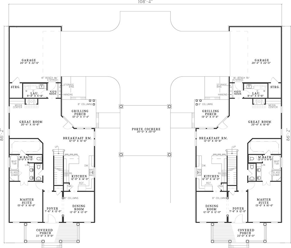 Plan 59728ND: Matching Traditional Homes with Shared Porte-Cochere - Floor Plan - Main Level