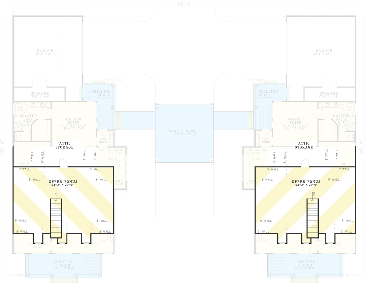 Plan 59729ND: Two Country Home Plans with a Shared Porte-Cochere - Floor Plan - Bonus - Country, Traditional
