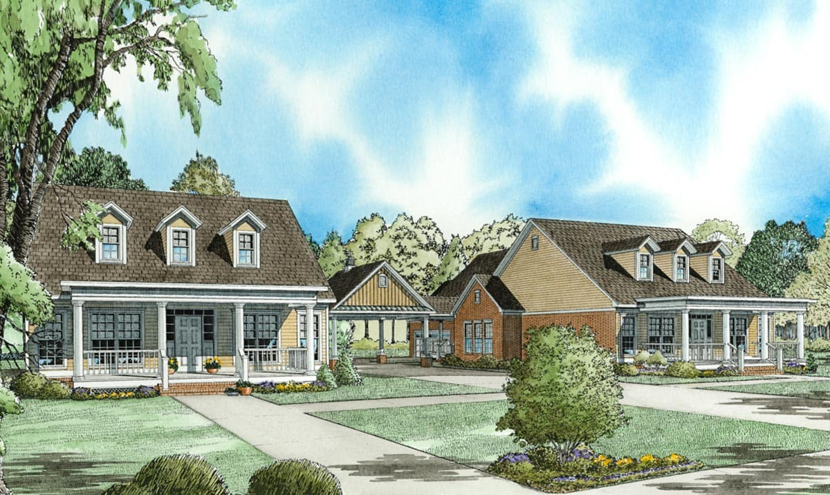 House plan exterior showing two-story homes with gabled dormers, full-width porches, and attached carport.