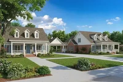 Two Country Home Plans with a Shared Porte-Cochere