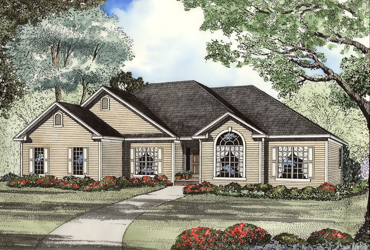 House plan exterior: Ranch style, single-story home with gabled dormers, arched center window, and shutters.