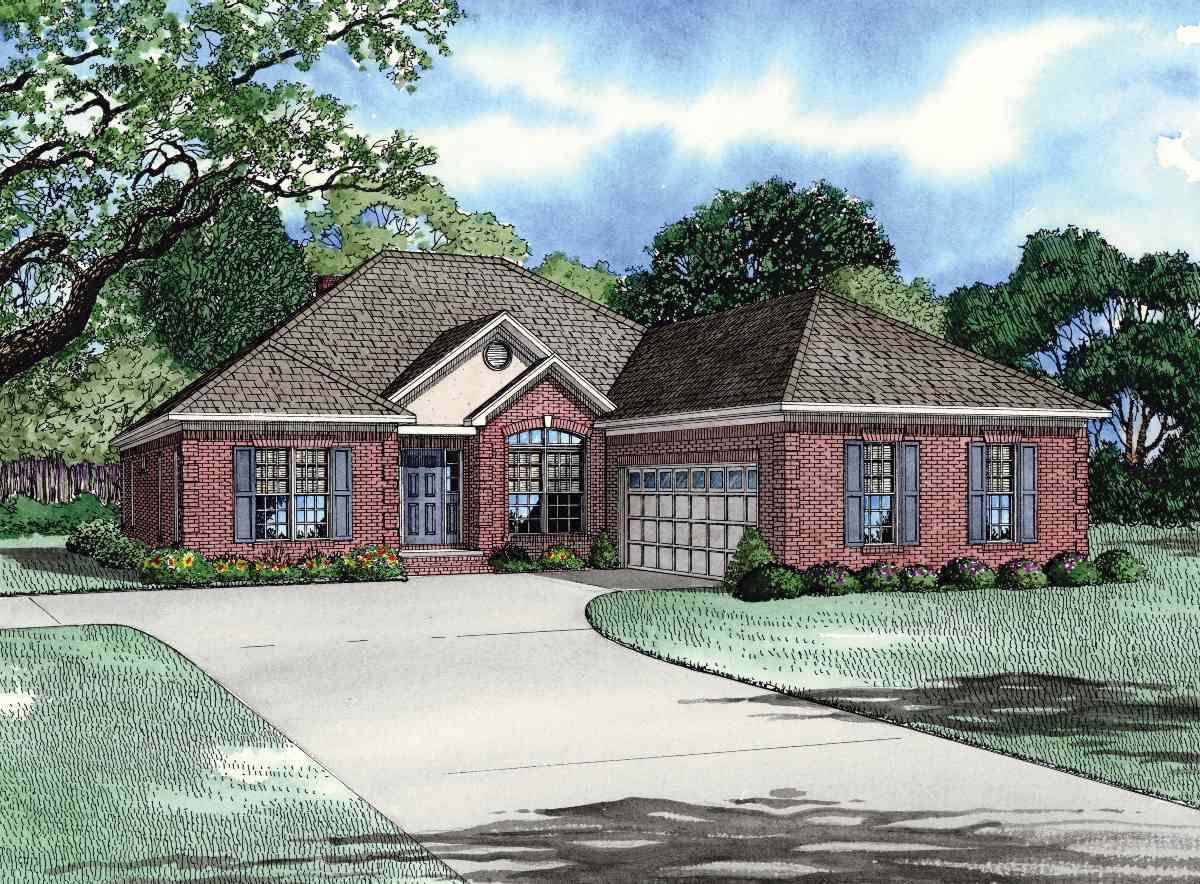 House plan exterior: Red brick ranch with attached two-car garage, prominent gabled entrance, and double-hung windows.