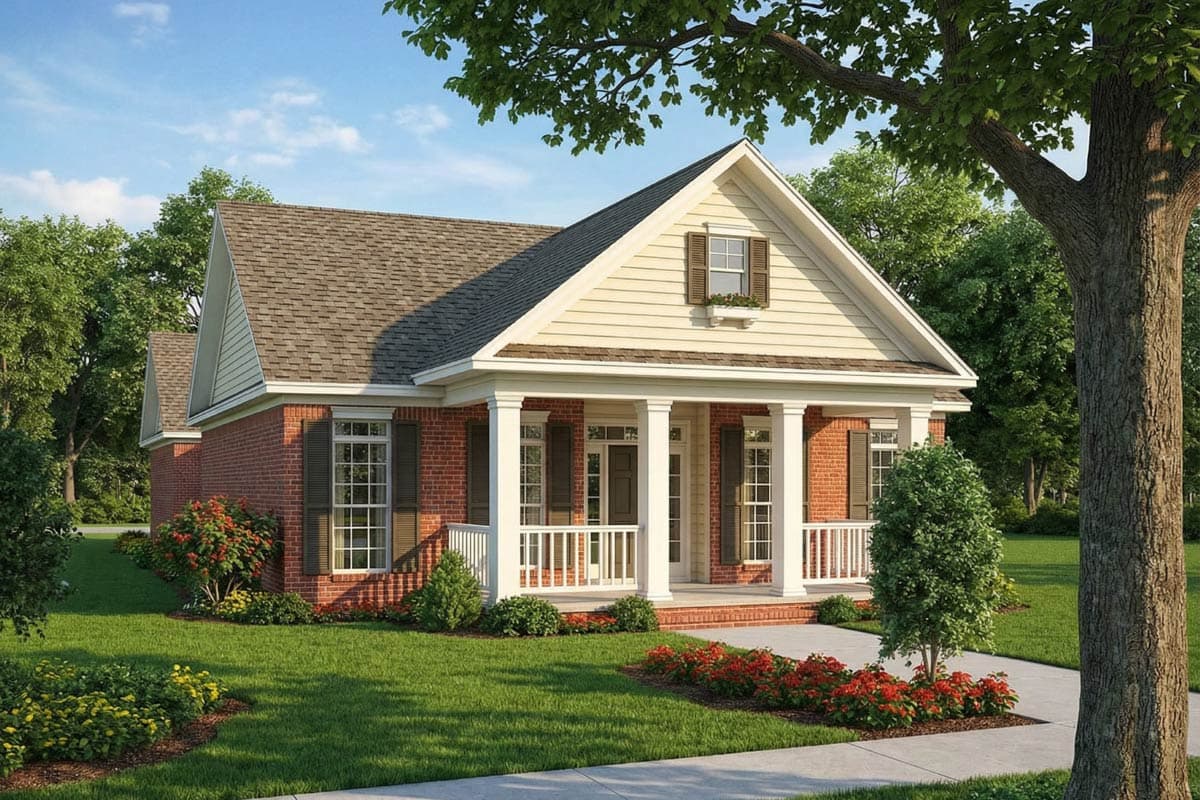 A charming brick house with a porch, surrounded by green grass, trees, and colorful flowers. The house has a brown shingle roof.