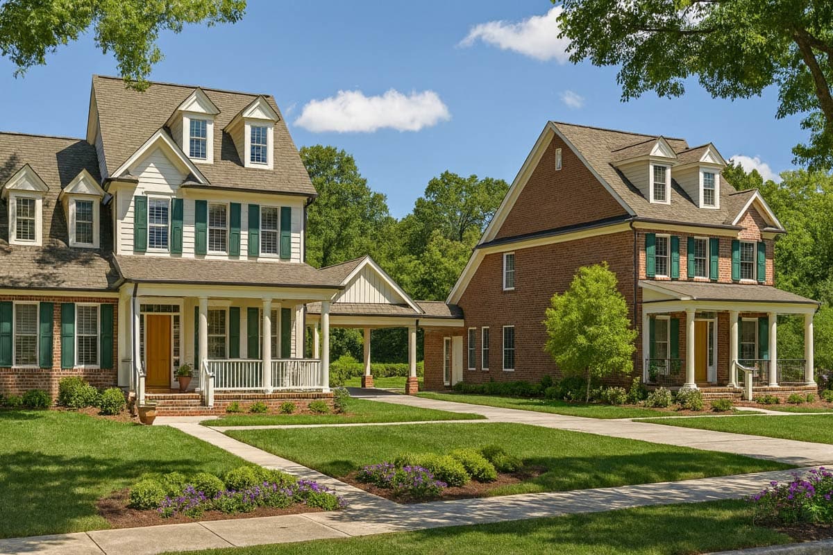 House plan exterior. Two-story Colonial-style home with front porch, dormers, and gabled roof. A covered walkway connects the two houses.