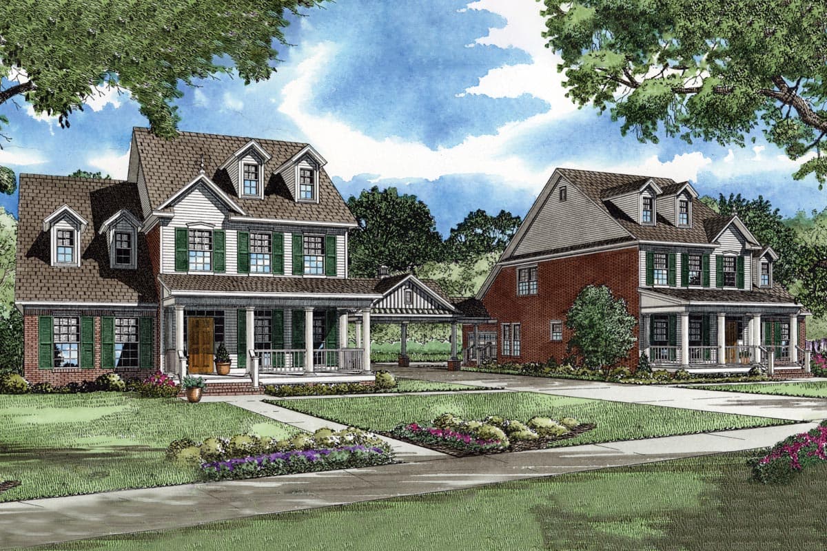 House plan exterior: Two-story Colonial style homes with full porches, dormers, and attached covered porte-cochère.
