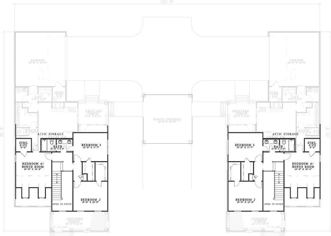 Plan 59733ND: Two Single-Family Home Plans Connected by a Porte Cochere Bridge - Floor Plan - 2nd Floor - Southern, Traditional