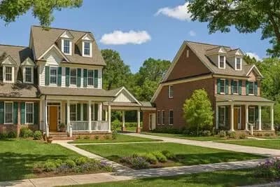 Two Single-Family Home Plans Connected by a Porte Cochere Bridge