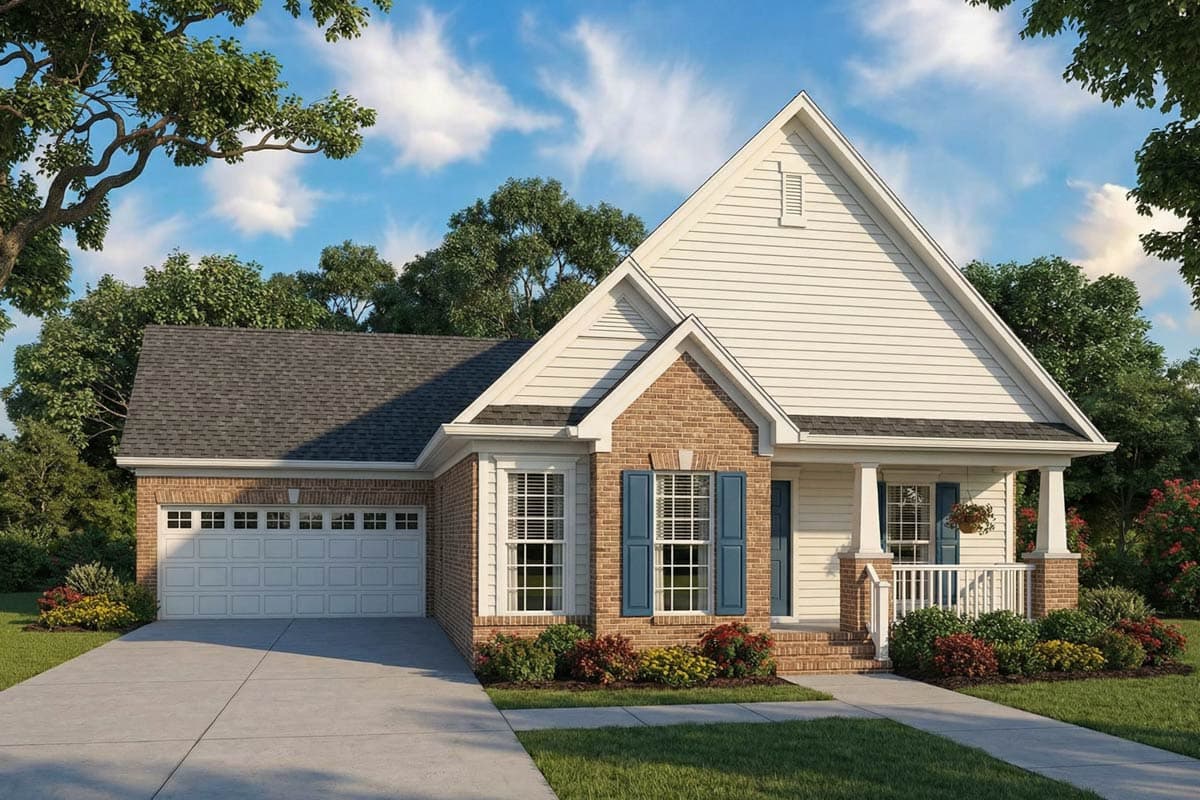 A rendered image of a charming home featuring a brick facade, white siding, blue shutters, and a porch. Lush landscaping surrounds the property.
