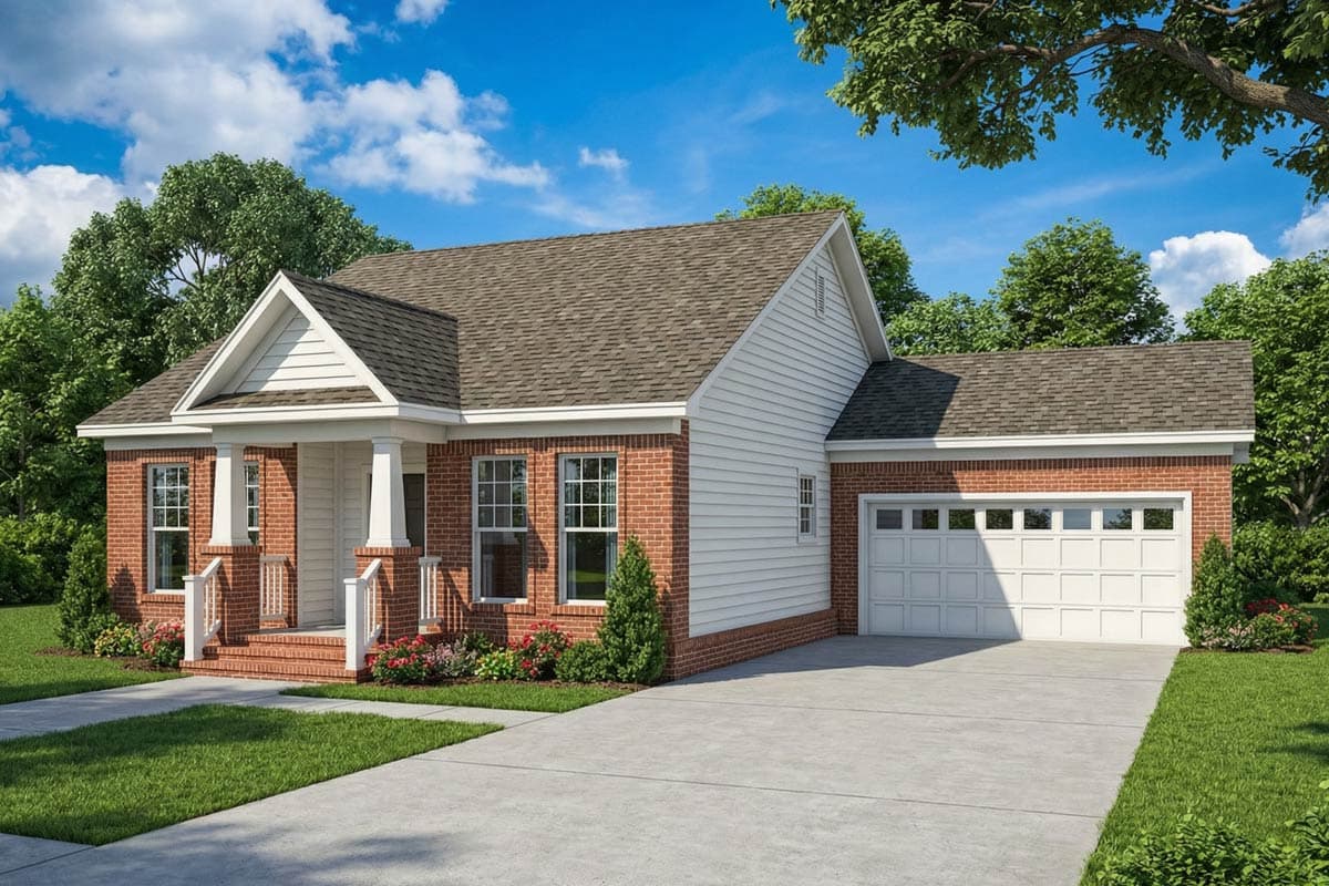 A brick and white-sided house with a porch and attached garage on a sunny day. A concrete driveway leads up to the garage door.
