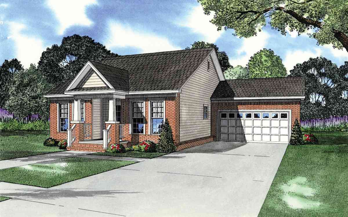 House plan exterior: One-story home with brick facade, front porch with columns, gabled dormer and attached two-car garage.