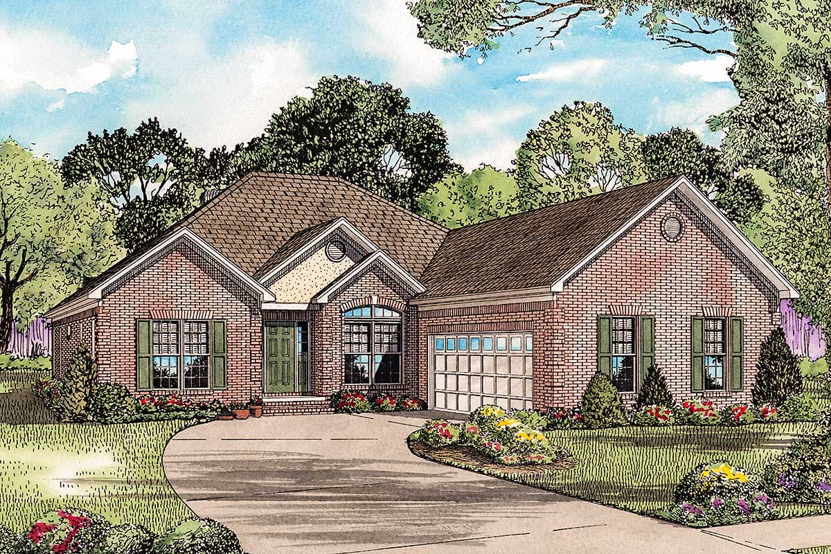 House plan exterior: Ranch style, brick facade, one-car garage, covered entryway with gables and dormers.