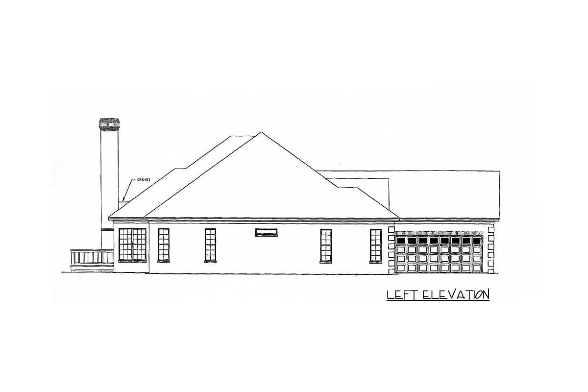 House plan left elevation drawing showing a hip roof, chimney, porch, windows, and garage.