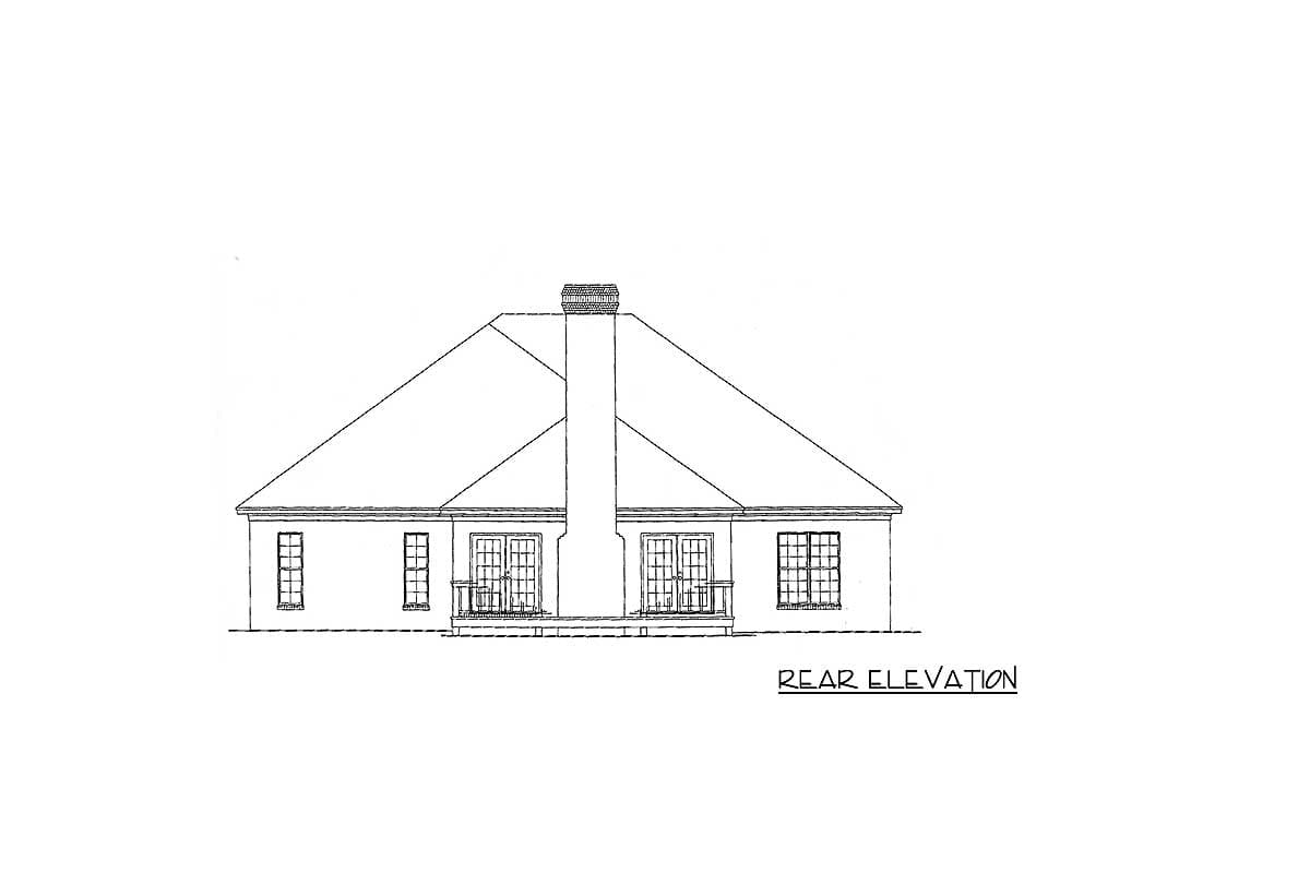 Rear elevation drawing of a house with a prominent chimney, dual French doors, and multiple windows.