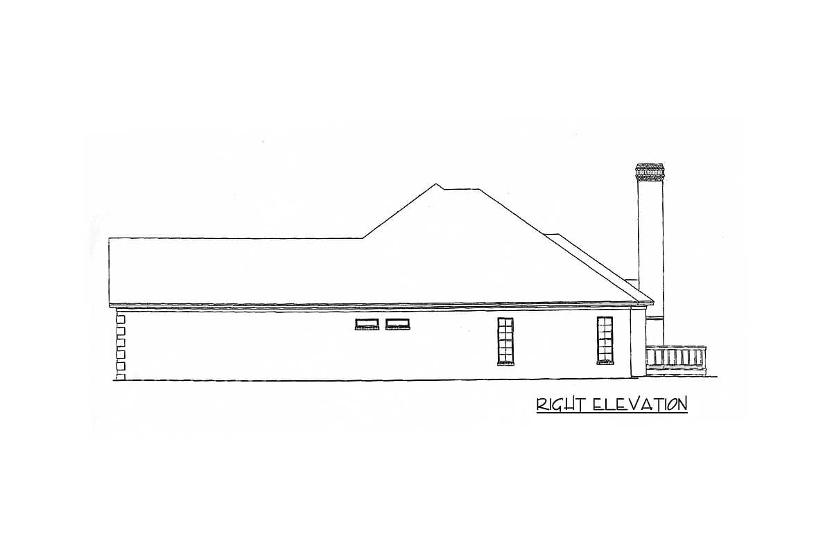 Right elevation house plan drawing showing a hip roofline, chimney, and patio area.