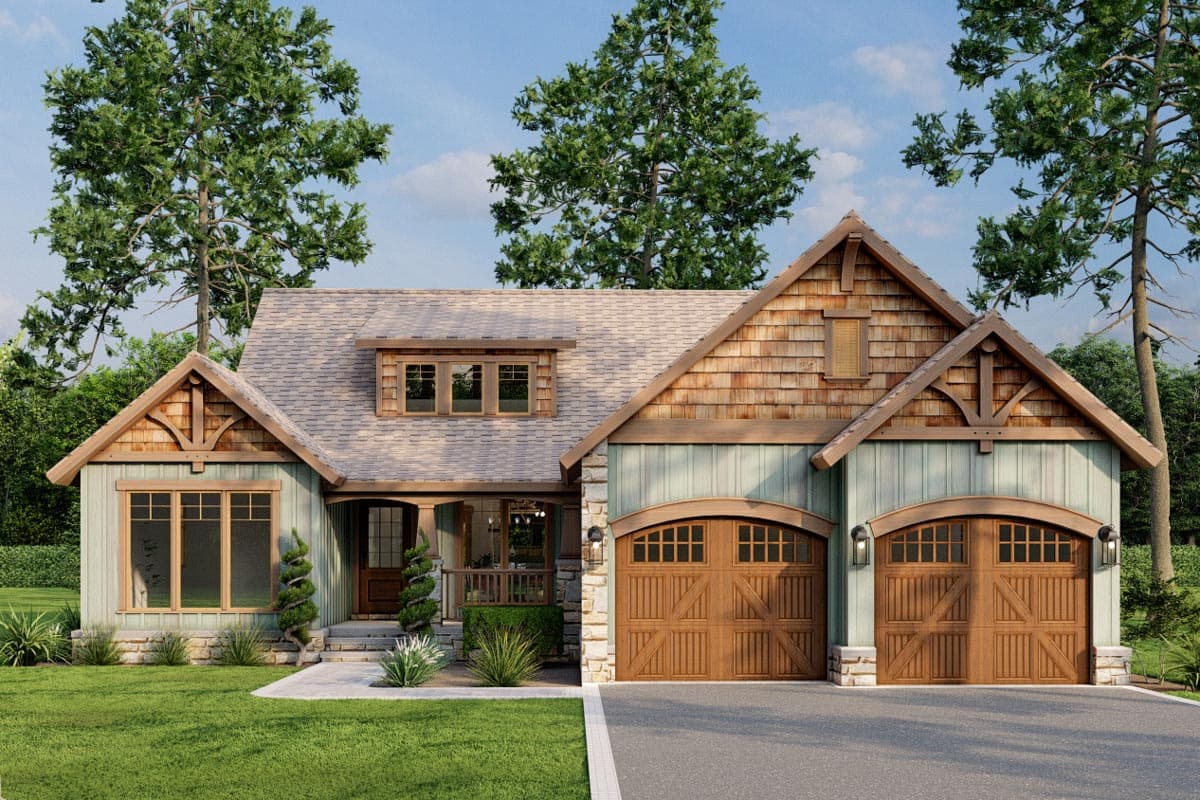 Craftsman style house plan exterior with a dormer, wood shingle gables, and a side-entry two-car garage.