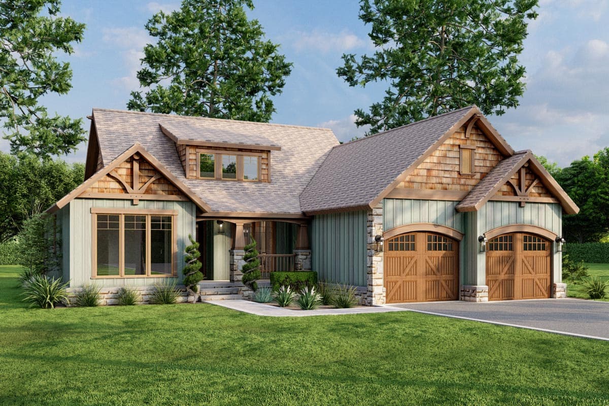 House plan exterior. Craftsman style with a gabled roof, dormer, and two-car garage. Features include wooden trim and a covered porch.