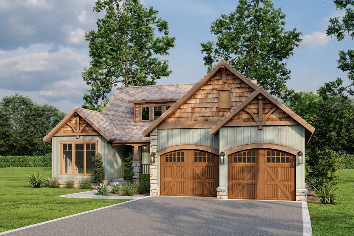 House plan exterior: Craftsman style, two stories, features shake siding, twin arched garage doors, and a prominent gable.