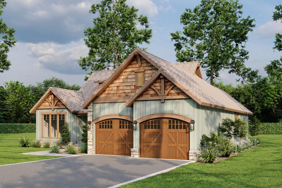 House plan exterior: A two-story home with a gabled roof, twin arched garage doors, and wood shake siding.