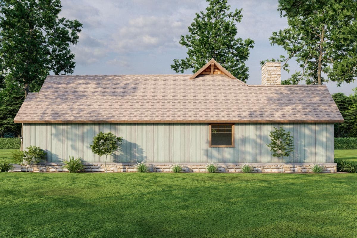 House plan exterior: Single-story, light blue vertical siding, stone foundation, gable accent, and stone chimney.