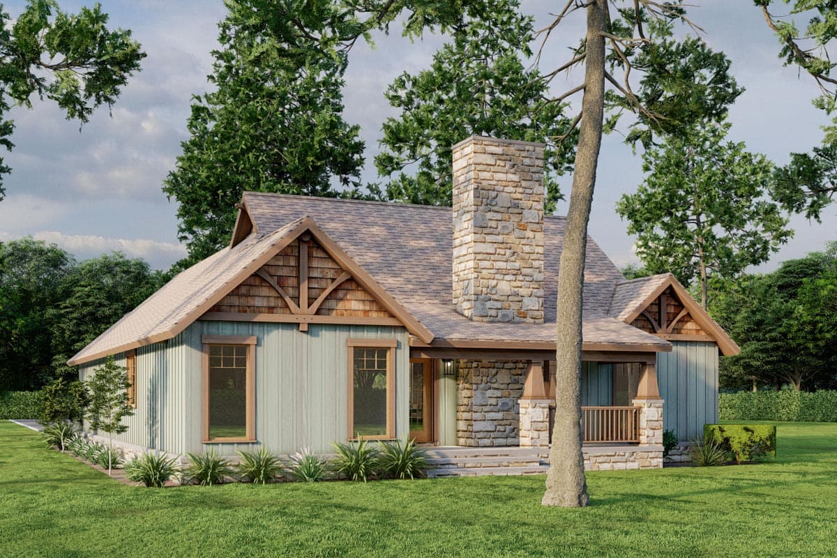 House plan exterior: Modern cabin style with stone chimney, wood accents, gables, and a covered porch.