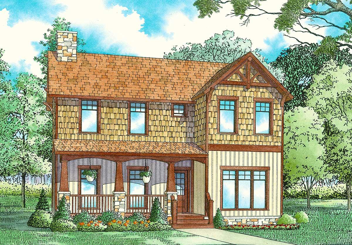 Craftsman style house plan exterior, two stories, stone chimney, shingle siding, covered porch, and gabled dormer.