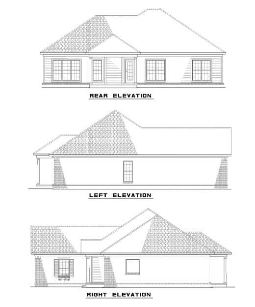 Rear, left, and right elevations of a one-story house plan. Features include gabled rooflines and multiple windows.