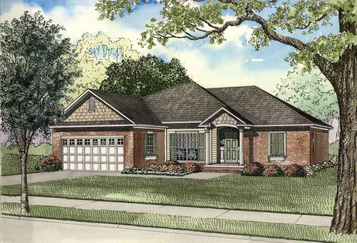 House plan exterior: one-story brick home with attached garage, prominent gabled entrance with columns, and shingle-clad dormer.
