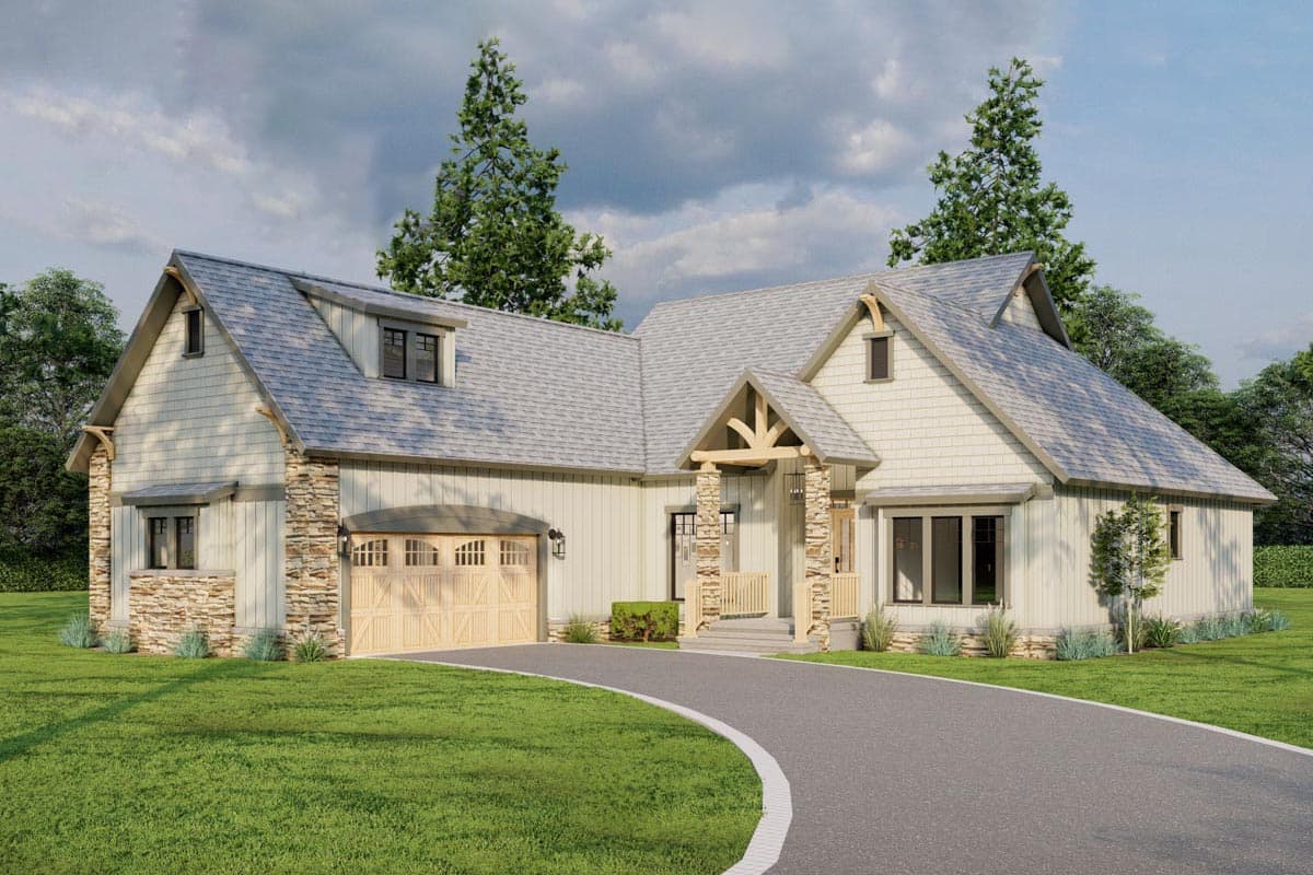 House plan exterior. Craftsman style, single story home with gables, stone accents, and a covered porch. Garage with carriage-style door.