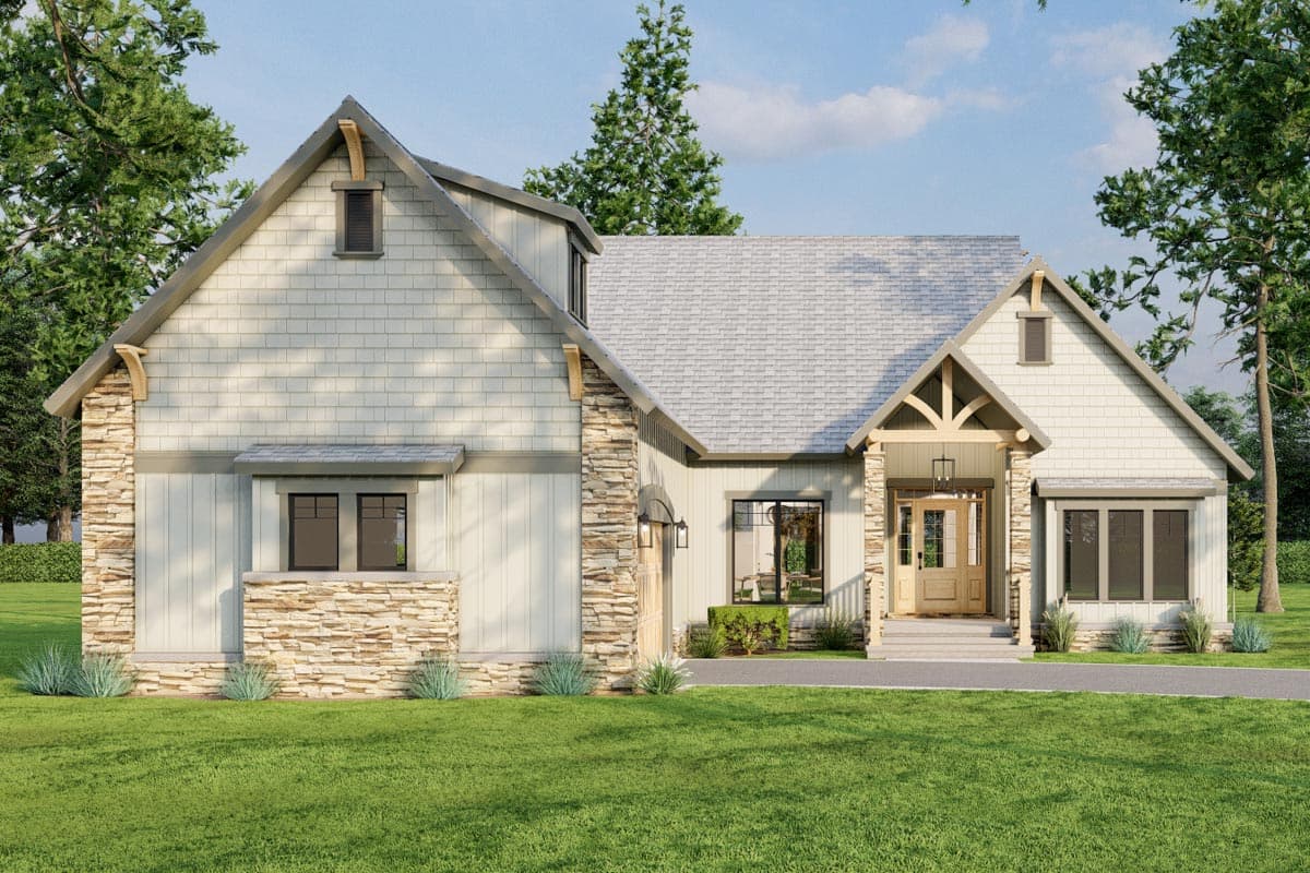 House plan exterior. Modern Farmhouse style, two stories, with stone accents, prominent gables, and a covered front porch with timber framing.