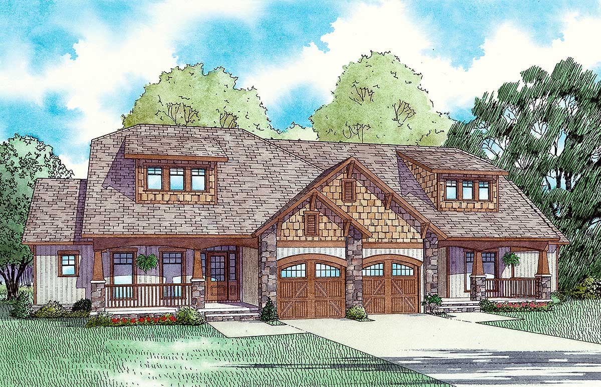 House plan exterior of a one-story Craftsman home with a side-facing garage, dormers, and a covered front porch.