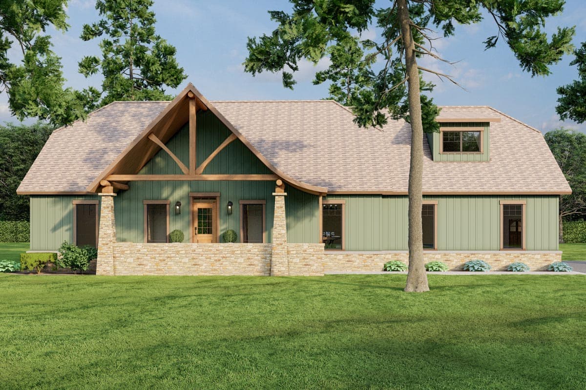 House plan exterior featuring a Craftsman style with a gabled roof, stone-based porch, and dormer. Vertical siding and exposed wood accents.