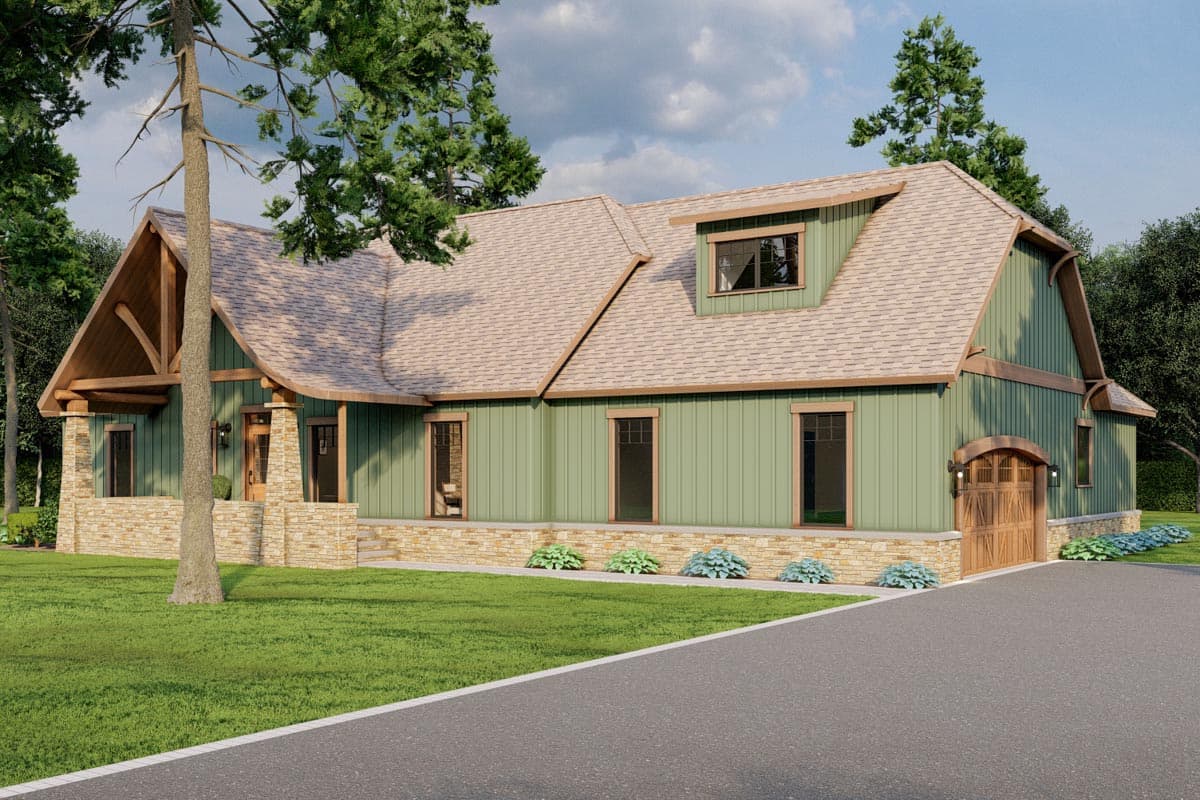 House plan exterior showing a two-story home with a gable roof, dormer, stone accents, and a wood garage door.