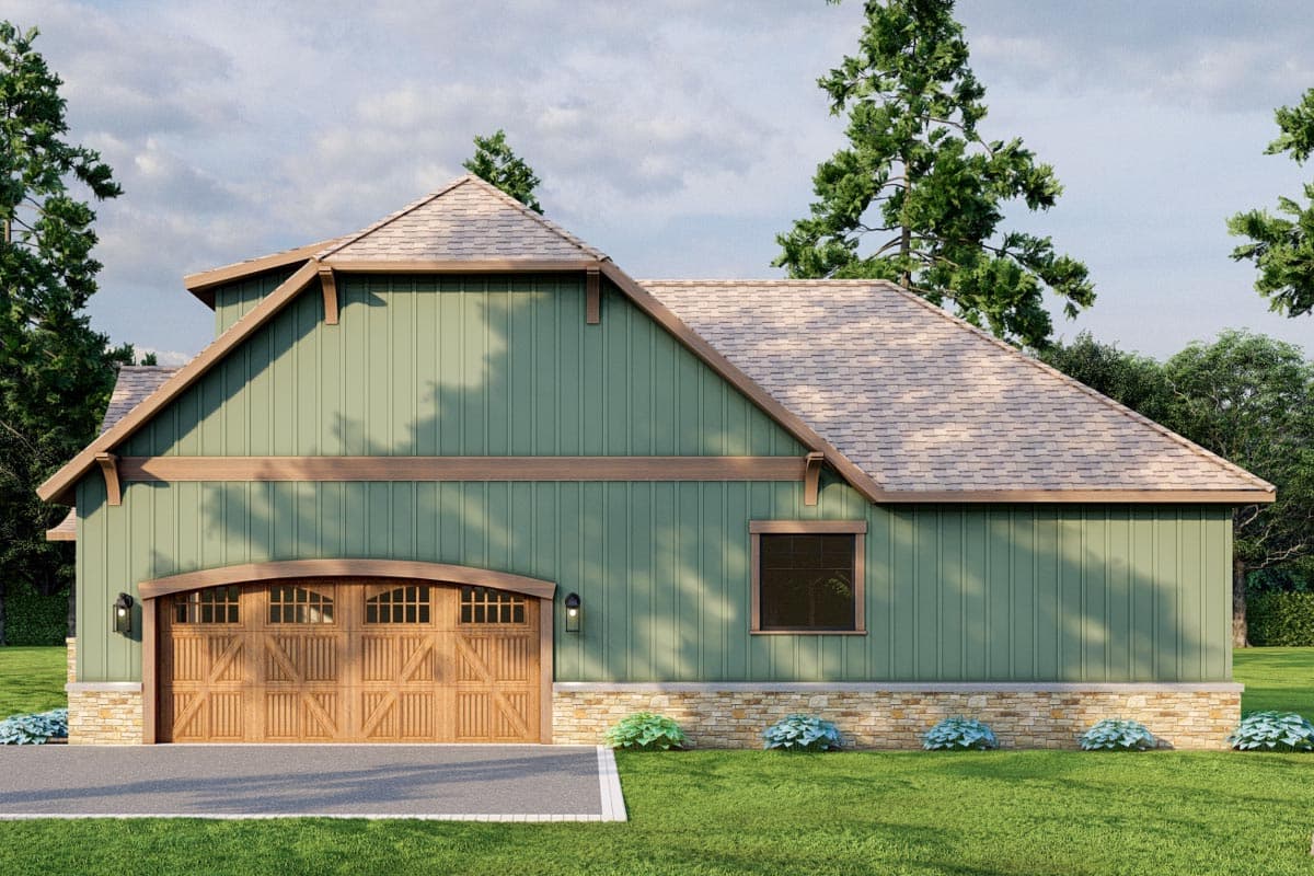 House plan exterior: Two-story Modern Farmhouse with stone foundation, board and batten siding, and arched double garage door with windows.
