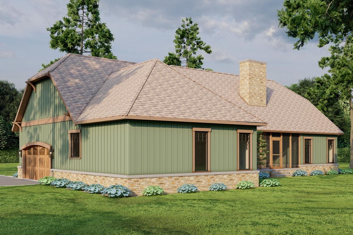 House plan exterior: One-story Modern Farmhouse with board and batten siding, stone foundation, gabled dormer, and arched garage.
