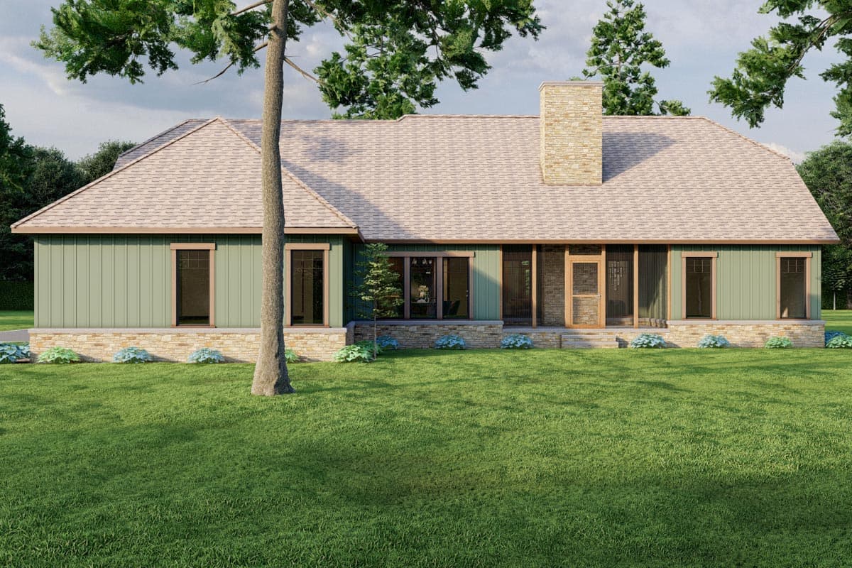 House plan exterior: one-story Modern Farmhouse with stone foundation, green siding, prominent brick chimney, and screened porch.