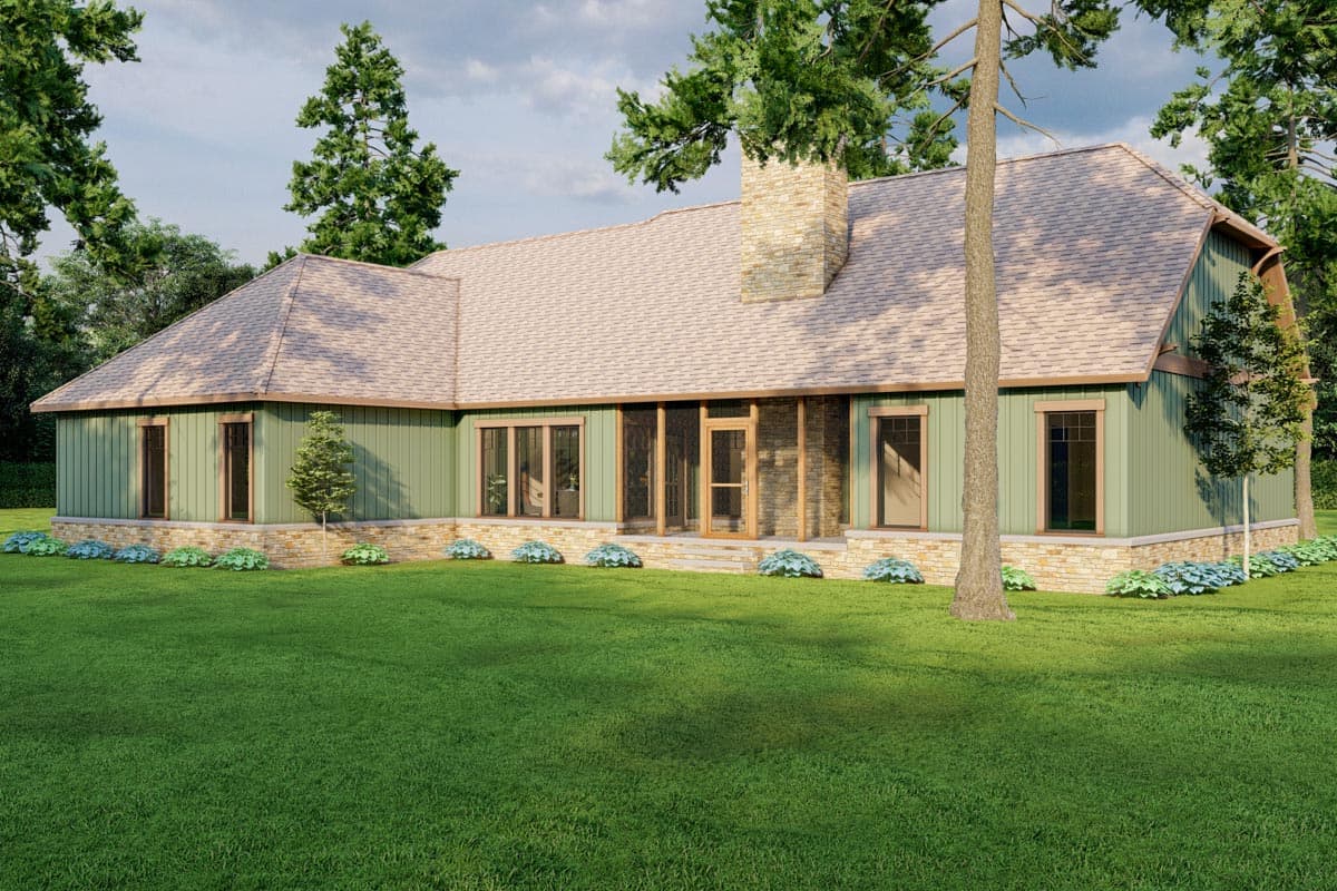 House plan exterior: One-story home with gabled roof, stone chimney, screened porch, and board-and-batten siding.