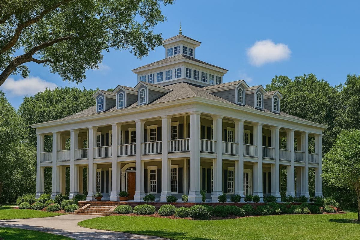 House plan exterior. Two-story Colonial with a two-story porch supported by columns. Features include dormers and a cupola.