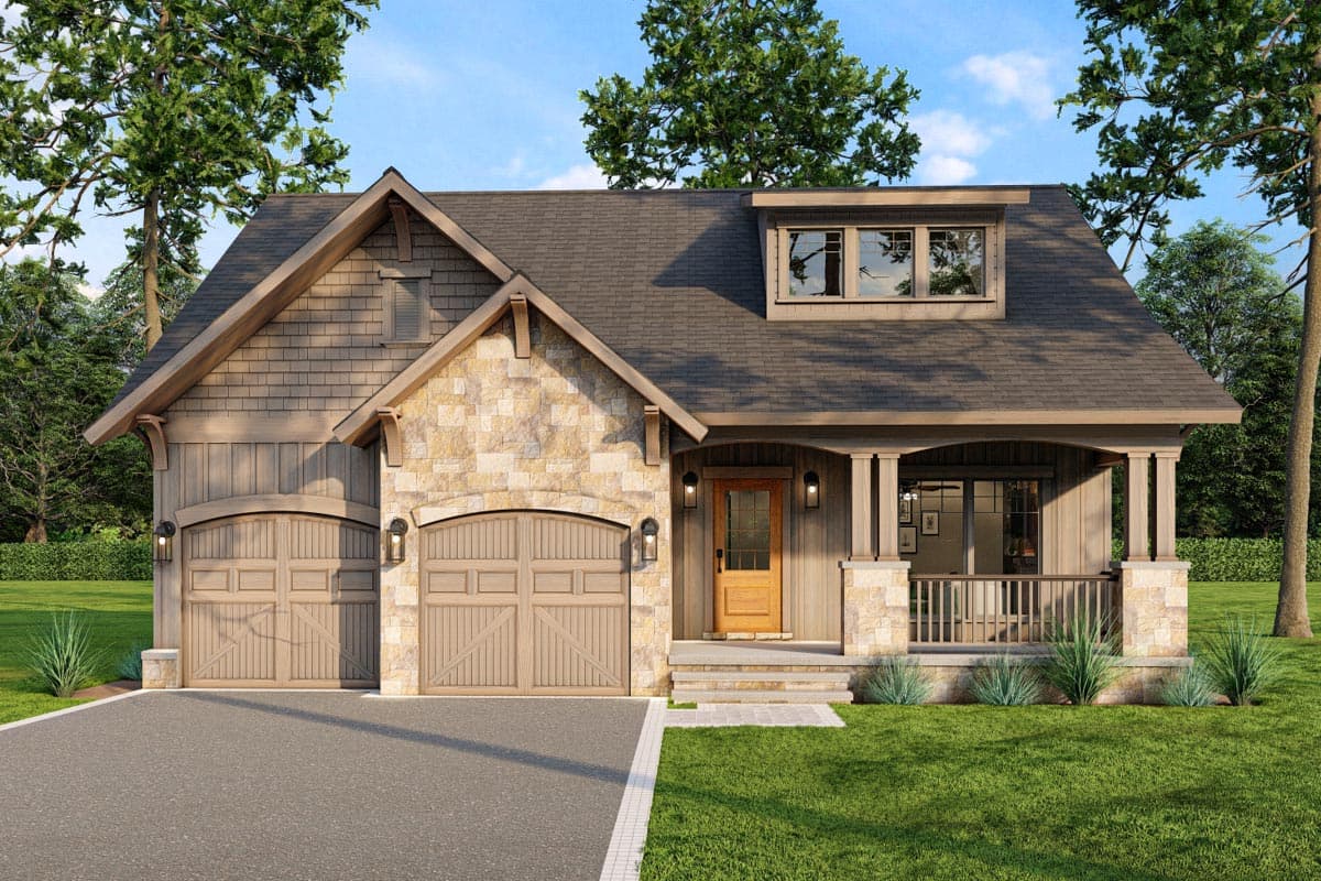 Craftsman house plan exterior with stone accents, two-car garage, front porch, and dormer window.