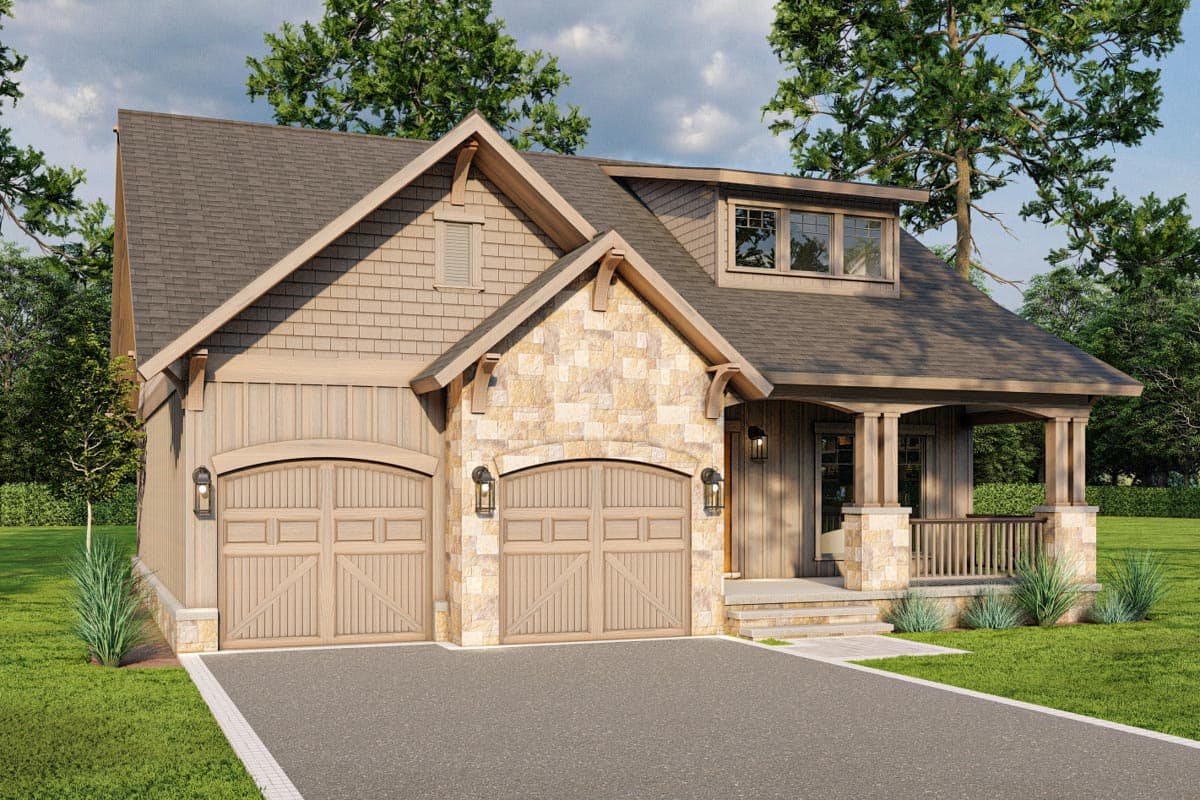 House plan exterior: Craftsman style, two-story, featuring dual garage doors, stone accents, dormer, and covered front porch with columns.